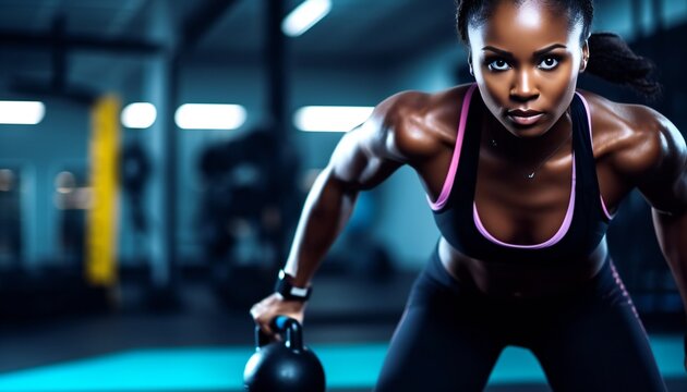 Fitness, kettlebell squat. Portrait of black woman doing bodybuilding exercise