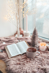Cup of tea and open Bible, winter morning mood