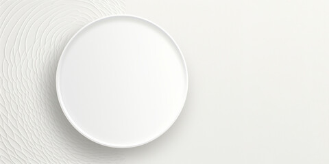 White colour circular plate tray object on minimal patterned background blank surface with empty copy space for text banner. Mock up template concept