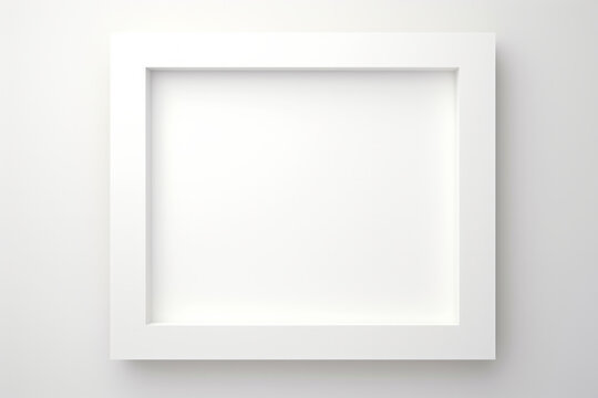 Empty white wooden plastic photo frame on minimal light wall background with copy space for text. Mock up template advertisement concept
