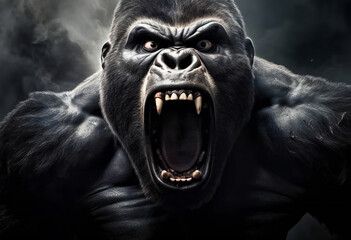 Close-up of a furious gorilla baring its teeth and glaring intensely in the wild - obrazy, fototapety, plakaty