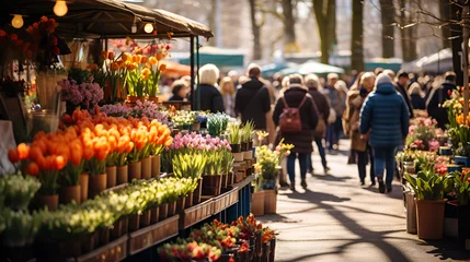 Fotobehang flowers in the market, Market Melodies The Lively Tunes of a Farmers Market., Autumn farmers Market with picturesque stalls, capturing the vibrancy of an autumn vegetables and harvest. Banner.  © Micro