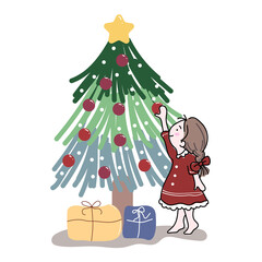 christmas tree with gifts and cute girl