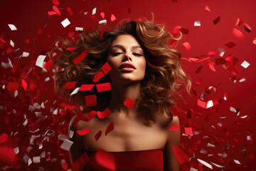 Elegant woman in red, luxuriant hair in motion, surrounded by swirling confetti, vibrant celebration concept.