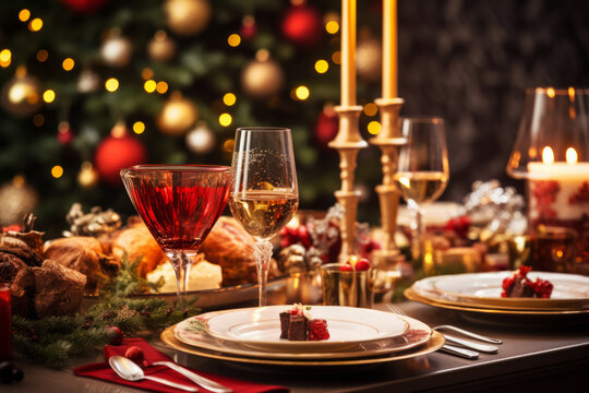 A holiday table setting with glasses of wine, candles, and a Christmas tree in the background. Merry Xmas concept