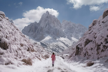 Woman in pink jacket walking on snow path towards rugged mountains under blue sky