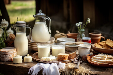 Fototapeta na wymiar Milk and dairy products. Cheese, milk, cottage cheese, cheese, yogurt, cream and butter.