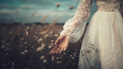 A young woman in a white lace dress in the middle of a meadow emphasizing a sweet and romantic mood - obrazy, fototapety, plakaty