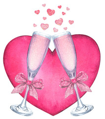 Valentines Champagne. St. Valentine's Champagne. Watercolor Pink Champagne