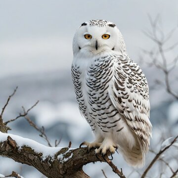1. A picture of a white owl in a snowy forest. 