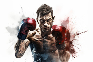  illustration of boxer with an aggressive look in boxing gloves on white background with splashes