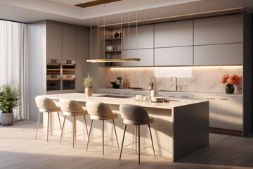 Modern and contemporary kitchen design with LED and sleek design. Details of interior design, generative ai, render 3d - obrazy, fototapety, plakaty