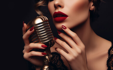 Old fashioned female singer holding an antique microphone red nail polish red lips black background