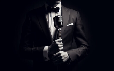 old fashioned male singer Man in a suit holding an antique microphone on a black background - obrazy, fototapety, plakaty