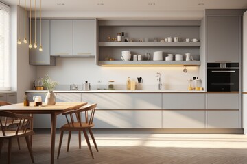 Modern and contemporary kitchen design with LED and sleek design. Details of interior design, generative ai, render 3d - 684699667