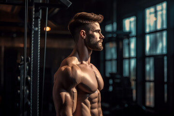 Fototapeta na wymiar muscular man with nude torso in gym. Sport and gym concept. Sportsman with muscles looks attractive.