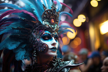 Mardi Gras celebration with masked person dancing in the streets. Carnival masks and costumes. Generative AI