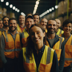 Smiling female leader with team of warehouse workers in high visibility vests