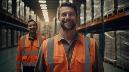 Smiling warehouse workers in safety vests in industrial storage area