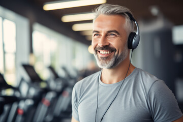  middle age smiling muscular man in headphones in gym. Healthy lifestyle. sport concept