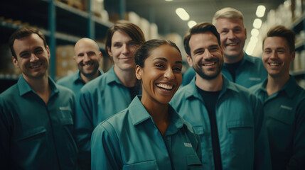 Happy diverse team of professionals in teal uniforms in a warehouse setting