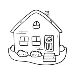 Country house with chimney and garden in doodle and linear drawing style. Coloring book, page for kids. Vector illustration of cute wooden village home