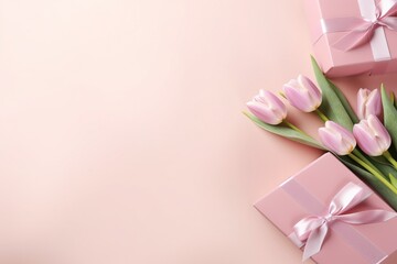 Heartwarming flat lay with tulips, gift, celebrating Mother's Day and International Women's Day (8 March)