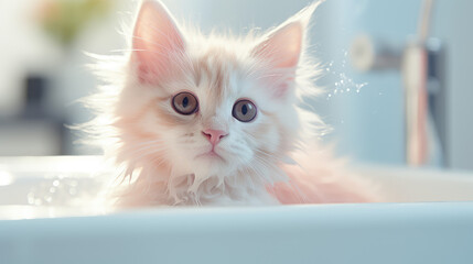 Cute beige cat takes a bubble bath. Creative banner to advertise shampoo or gel pet wash, kitten flea shampoo, cleanliness.