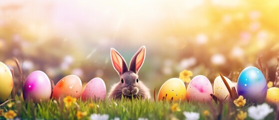Fototapeta na wymiar Easter - Cute Bunny In Sunny Garden With Decorated Eggs