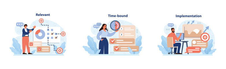 SMART goals set. Professionals define targets. Relevant tasks, time-bound objectives, successful project implementation. Measuring progress, setting deadlines, action plan initiation. Flat vector