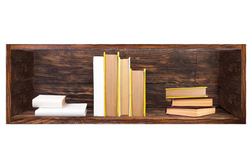 Books on a dark wood bookshelf isolated on a white background.