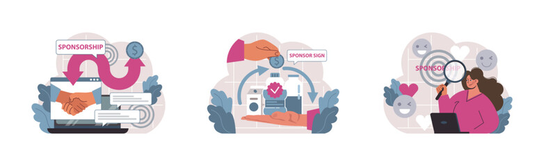 Sponsorship set. Exploring partnership benefits online, showcasing sponsor banners, researcher analyzing partnership prospects. Digital collaboration. Nurturing business relationships. Flat vector