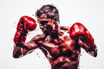 abstract illustration of boxer with an aggressive look in red boxing gloves on white background