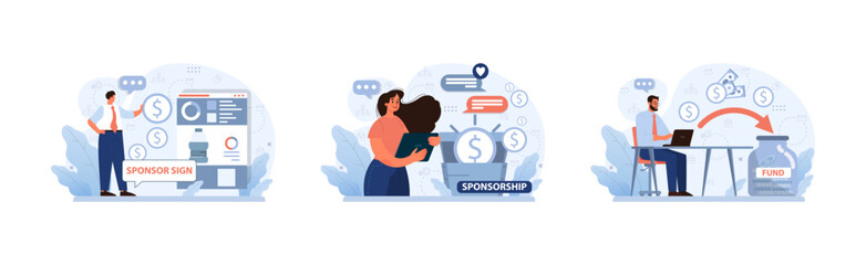 Sponsorship set. Professionals explore funding avenues. Man showcases online donations, woman navigates web sponsorships, and a man manages monetary contributions. Modern digital fundraising