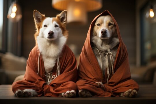 2 dogs doing yoga, relaxing and chilling after a hard day