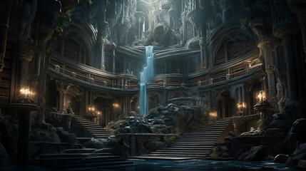 Ancient library hidden in a mystical mountain, containing arcane knowledge 