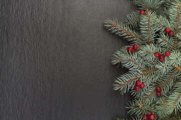 Christmas composition of fir branches and berries of viburnum on a black background . Top view with...