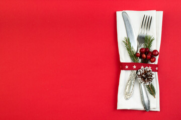 Christmas table place setting. Holidays background. Top view with copy space.