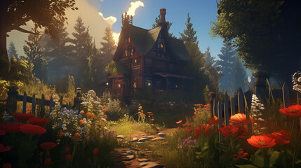 Cozy cottage in a magical meadow - obrazy, fototapety, plakaty