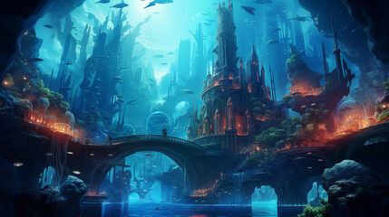 Enchanting underwater cityscape, where marine life interacts with futuristic architecture