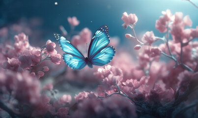 beautiful butterfly is flying near blossoms. Generative AI.