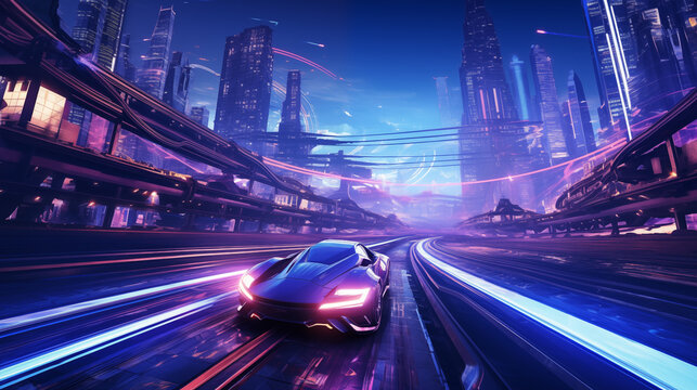 High-speed hovercar race through a neon-lit cityscape, with futuristic vehicles
