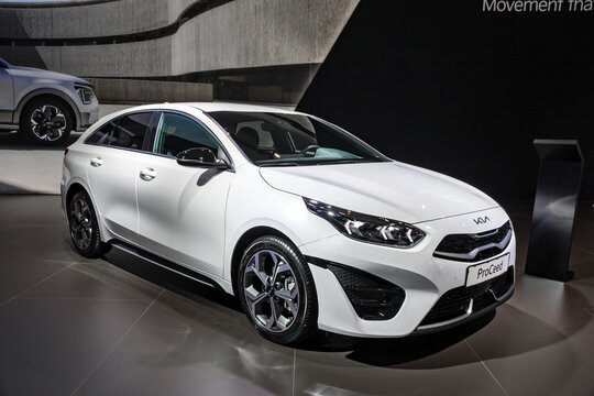 Kia ProCeed GT car showcased at the Brussels Autosalon European Motor Show. Brussels, Belgium - January 13, 2023.