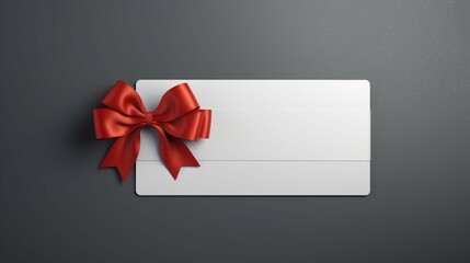 Blank white gift card signboard or gift voucher billboard with red ribbon bow isolated on dark grey wall background with shadow minimal concepts. create using a generative ai tool 