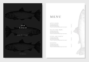 Fish restaurant menu template with hand-drawn fish. Sample design in vintage engraving style. Brand style vector illustration. Vector menu brochure template for cafe, coffee house, restaurant, bar.  - 684703020