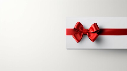 Blank minimal white gift card with red rope ribbon bow isolated on grey background with shadow minimal conceptual. create using a generative ai tool 