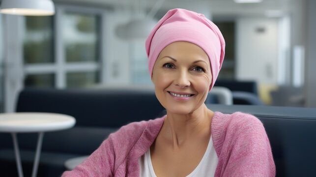 Portrait of the patient woman after chemotherapy female cancer patient wearing head scarf 