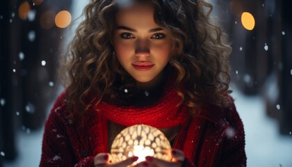 a woman holds a glowing ball in her hands with a red scarf she looks joyfully at what is coming, snowfall, mystical