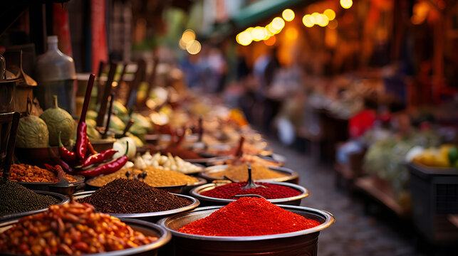 incense sticks in a temple, A blurred image of a crowded street market with aromatic spices and exotic flavors, creating a sensory and cultural atmosphere., Spice market, natural light.

