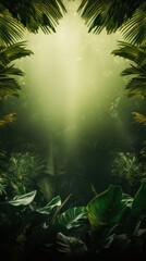 Green tropical style background with copy space for text, atmospheric sunlight through palm leaves